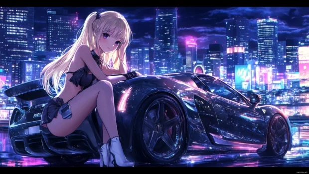 A stylish anime girl leaning on a sleek sports car, with neon lights reflecting off the car’s chrome surface, as the city skyline glows in the background.