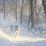 A white tiger prowling gracefully through a snowy forest, soft snowfall in the background, crisp cool colors of white and blue.