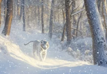 A white tiger prowling gracefully through a snowy forest, soft snowfall in the background, crisp cool colors of white and blue.