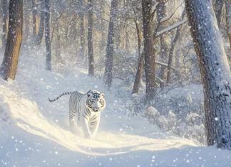 A white tiger prowling gracefully through a snowy forest, soft snowfall in the background, crisp cool colors of white and blue.