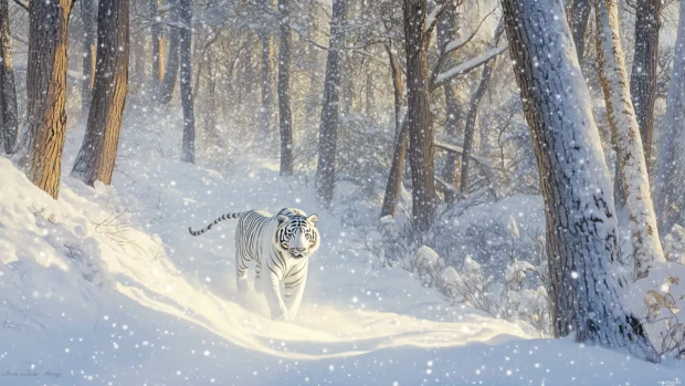 A white tiger prowling gracefully through a snowy forest, soft snowfall in the background, crisp cool colors of white and blue.