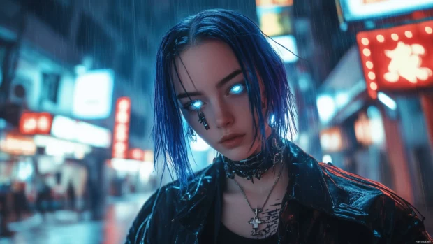 An anime girl 4K Wallpaper with neon blue hair and cybernetic accessories, standing in a futuristic city with neon signs and rain soaked streets, her eyes glowing softly in the night.