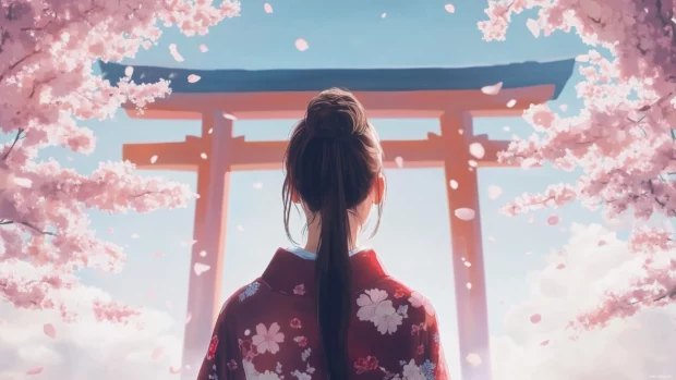 Cool 4K Wallpaper with a beautiful girl wearing a kimono, standing in front of a traditional Japanese torii gate with cherry blossoms in full bloom.