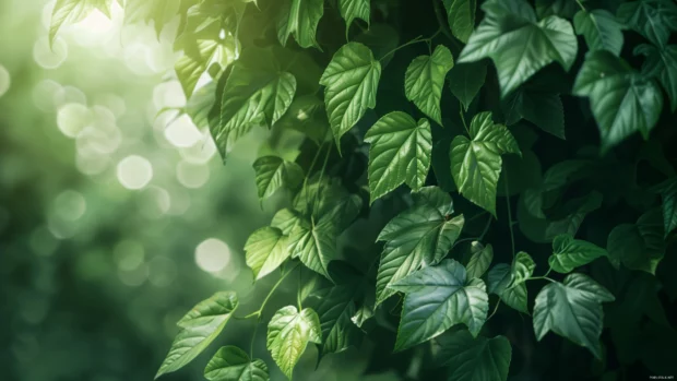 Cool green 4K background with translucent leaves and soft light filtering through.