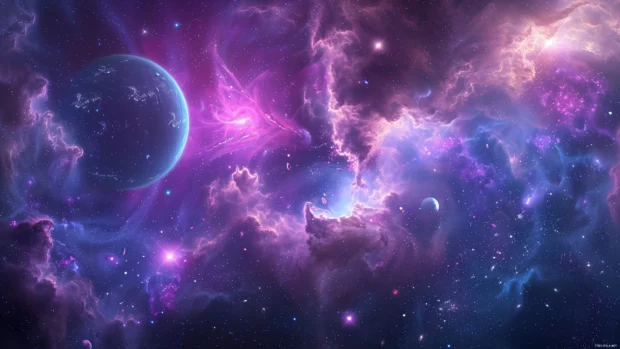 Outer space 4K Wallpaper with planets, stars, and a cool glowing nebula .