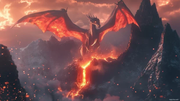 A Dragon rising from a volcano, with magma flowing down the mountainside and the sky filled with ash and embers.