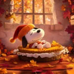 A cozy image of Snoopy curled up with a slice of pumpkin pie, wearing a tiny pilgrim hat.