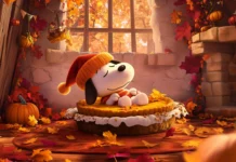 A cozy image of Snoopy curled up with a slice of pumpkin pie, wearing a tiny pilgrim hat.