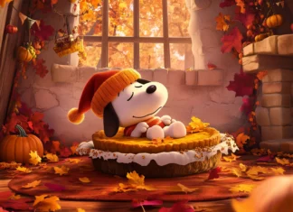 A cozy image of Snoopy curled up with a slice of pumpkin pie, wearing a tiny pilgrim hat.