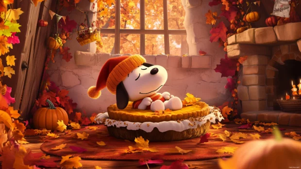 A cozy image of Snoopy curled up with a slice of pumpkin pie, wearing a tiny pilgrim hat.