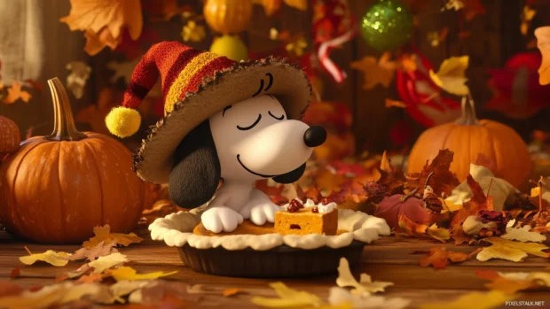 A cozy image of Snoopy curled up with a slice of pumpkin pie, wearing a tiny pilgrim hat, with warm autumn colors and decorations.