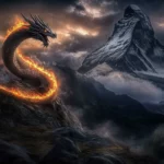 A game fire Dragon coiling around a mountain peak, flames cascading from its body, illuminating the rocky landscape beneath a dark sky.