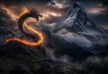 A game fire Dragon coiling around a mountain peak, flames cascading from its body, illuminating the rocky landscape beneath a dark sky.