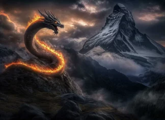 A game fire Dragon coiling around a mountain peak, flames cascading from its body, illuminating the rocky landscape beneath a dark sky.