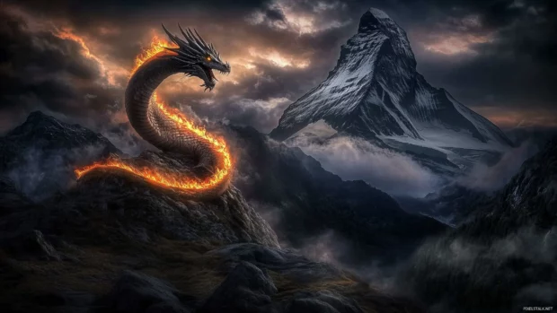 A game fire Dragon coiling around a mountain peak, flames cascading from its body, illuminating the rocky landscape beneath a dark sky.