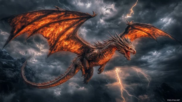 A game red Dragon soaring through a stormy sky, surrounded by lightning strikes and dark clouds.