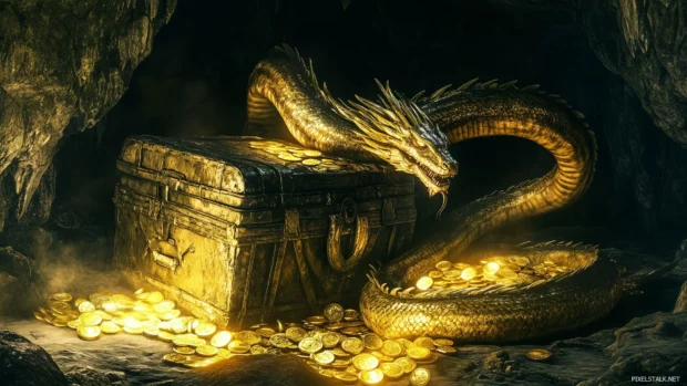 A golden Dragon coiled around an ancient treasure chest in a dimly lit cavern, with glowing gold coins scattered all around.