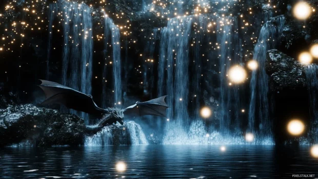 A mythical Dragon protecting an enchanted waterfall, with magical lights and sparkling water surrounding the scene.