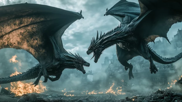 A pair of game dragons locked in an epic battle above a medieval battlefield, one breathing fire while the other is made of shadow and smoke.