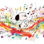 A whimsical depiction of Snoopy dreaming of being a famous musician, surrounded by musical notes and colorful instruments.