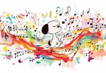 A whimsical depiction of Snoopy dreaming of being a famous musician, surrounded by musical notes and colorful instruments.