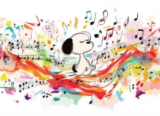 A whimsical depiction of Snoopy dreaming of being a famous musician, surrounded by musical notes and colorful instruments.