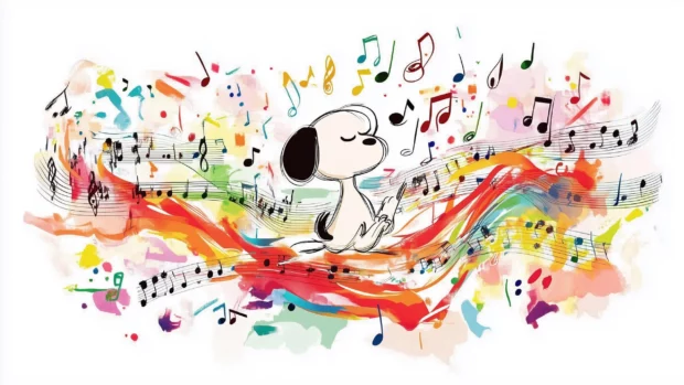 A whimsical depiction of Snoopy dreaming of being a famous musician, surrounded by musical notes and colorful instruments.