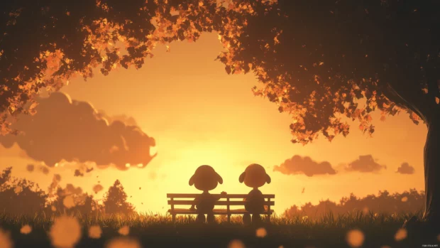 Snoopy and Charlie Brown sitting on a bench, sharing a thoughtful moment while watching the sunset.