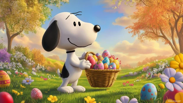 Snoopy celebrating Easter with colorful eggs.