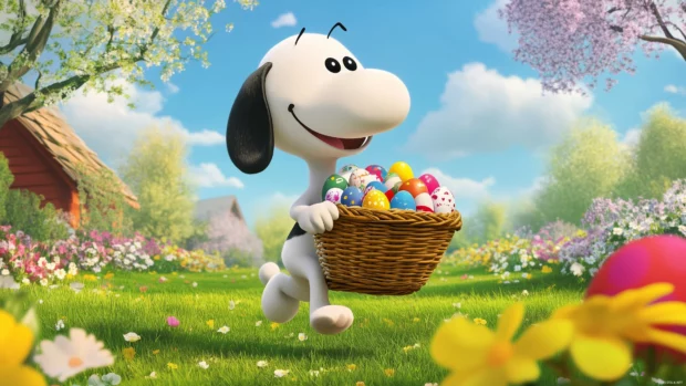 Snoopy celebrating Easter with colorful eggs, a basket of treats, and spring flowers in a sunny meadow.