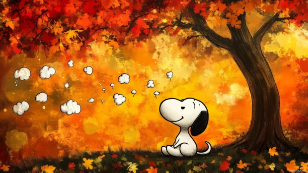 Snoopy daydreaming under a tree, surrounded by whimsical thoughts represented as colorful thought bubbles.