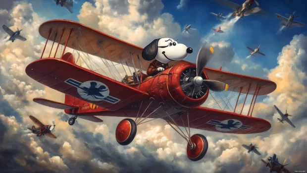 Snoopy dressed as a World War I flying ace, confidently piloting his imaginary doghouse plane.