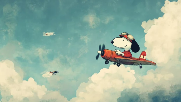 Snoopy dressed as a World War I flying ace, confidently piloting his imaginary doghouse plane.