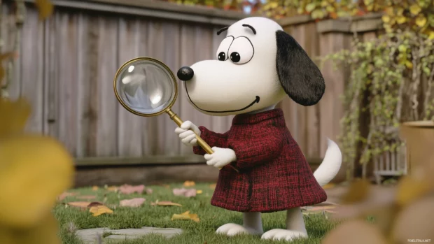 Snoopy dressed as a detective, magnifying glass in hand, investigating clues in his backyard, with a playful sense of mystery and adventure.