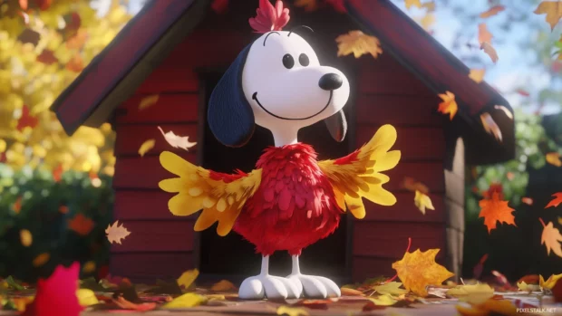 Snoopy dressed as a turkey, proudly standing on his doghouse, with colorful autumn leaves falling around him and a big smile on his face.