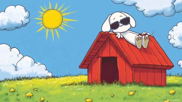 Snoopy lounging on top of his doghouse, wearing sunglasses and enjoying a sunny day, surrounded by cartoon clouds and a bright blue sky.