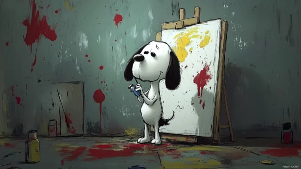 Snoopy painting a masterpiece on a canvas.