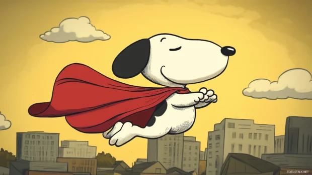 Snoopy pretending to be a superhero, flying through the air with a cape, striking a heroic pose against a backdrop of cartoon buildings and clouds.