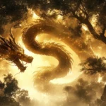 A Chinese dragon winding through a misty forest, its long, serpentine body shimmering with golden light as it coils around ancient trees.