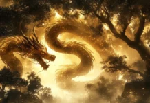 A Chinese dragon winding through a misty forest, its long, serpentine body shimmering with golden light as it coils around ancient trees.