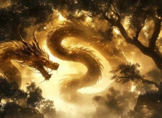 A Chinese dragon winding through a misty forest, its long, serpentine body shimmering with golden light as it coils around ancient trees.