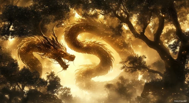 A Chinese dragon winding through a misty forest, its long, serpentine body shimmering with golden light as it coils around ancient trees.