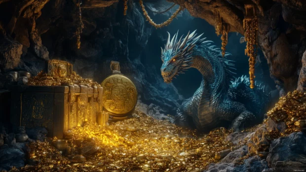 A black dragon guarding a hidden treasure within a dark cave, illuminated by shimmering gold and jewels.