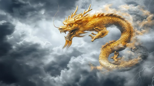 A fierce golden dragon emerging from the clouds, its claws outstretched as it flies through a stormy sky, lightning crackling around its scales.