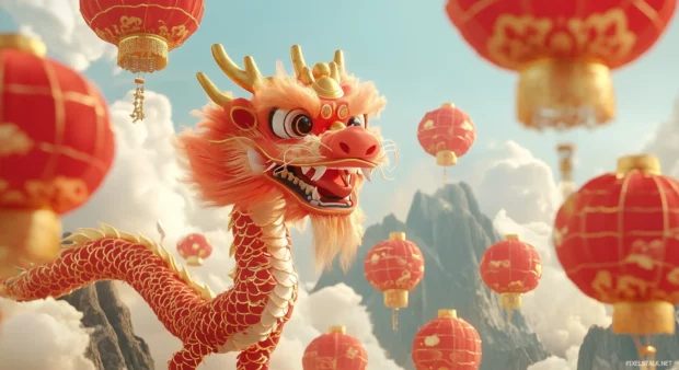 A gold dragon with intricate red and gold scales, swirling through a sky filled with traditional Chinese lanterns, clouds, and mountains.