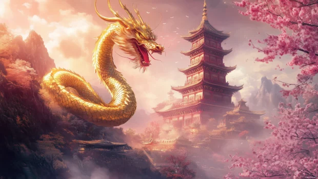 A majestic golden dragon wrapped around a tall pagoda, the ancient building standing firm amidst cherry blossom trees.