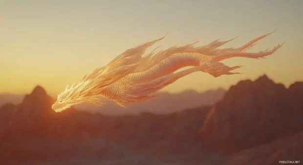 An elegant, gold dragon flying above a peaceful mountain range at sunset, with golden and orange hues reflecting on its scales.