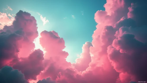 A dreamy sky filled with fluffy, cotton candy like pink clouds during a peaceful twilight.