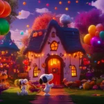 A playful image of Snoopy and his friends having a Halloween party, with colorful balloons, spooky snacks, and fun decorations, all sharing laughs and treats.