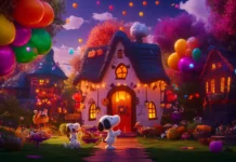 A playful image of Snoopy and his friends having a Halloween party, with colorful balloons, spooky snacks, and fun decorations, all sharing laughs and treats.